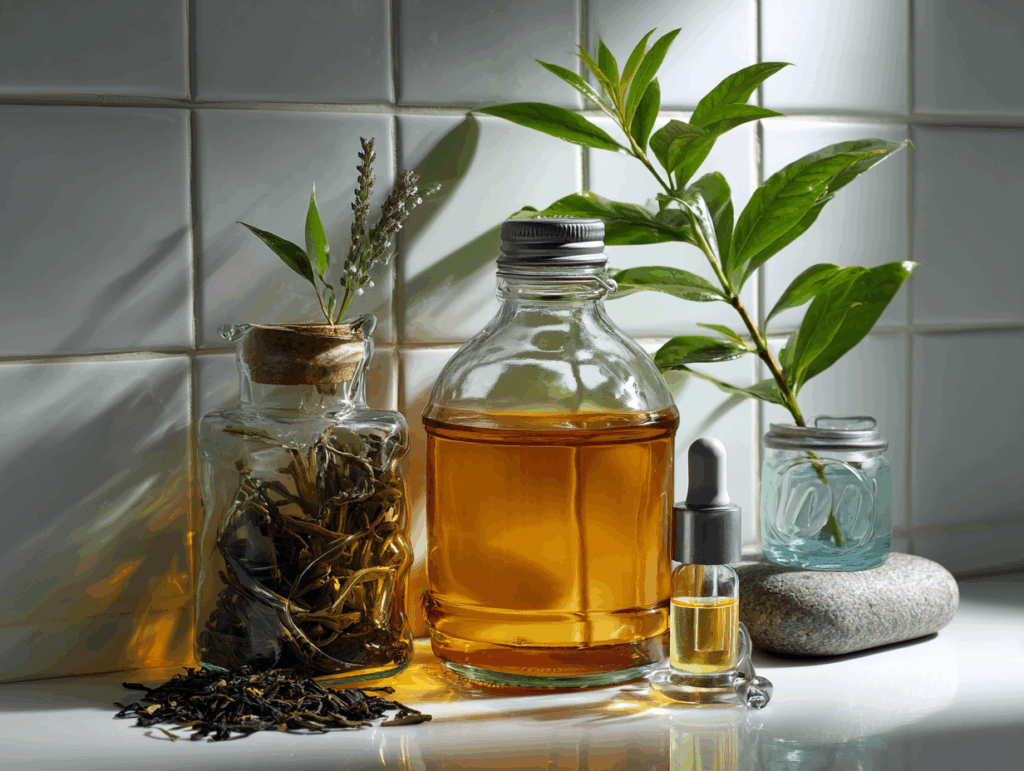 modern spa shelf vignette with amber kombucha f07a0e33 bdb5 4cc6 91e3 2df6c4e321f1 1