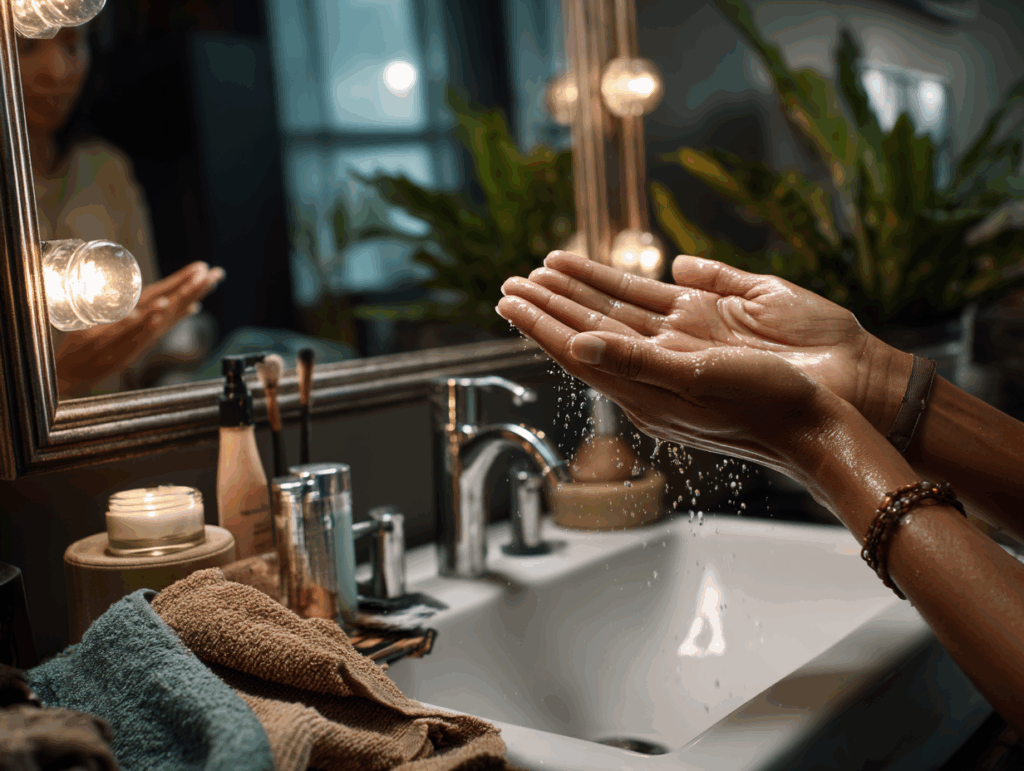 morning routine scene at a bathroom vanity wit 570ec9bc 186c 4516 8866 f5d5d5fde336 0