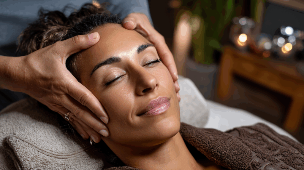 esthetician massaging clients temples during faci 21a02ee5 ab60 4300 9169 a42f6e96a8ed 0