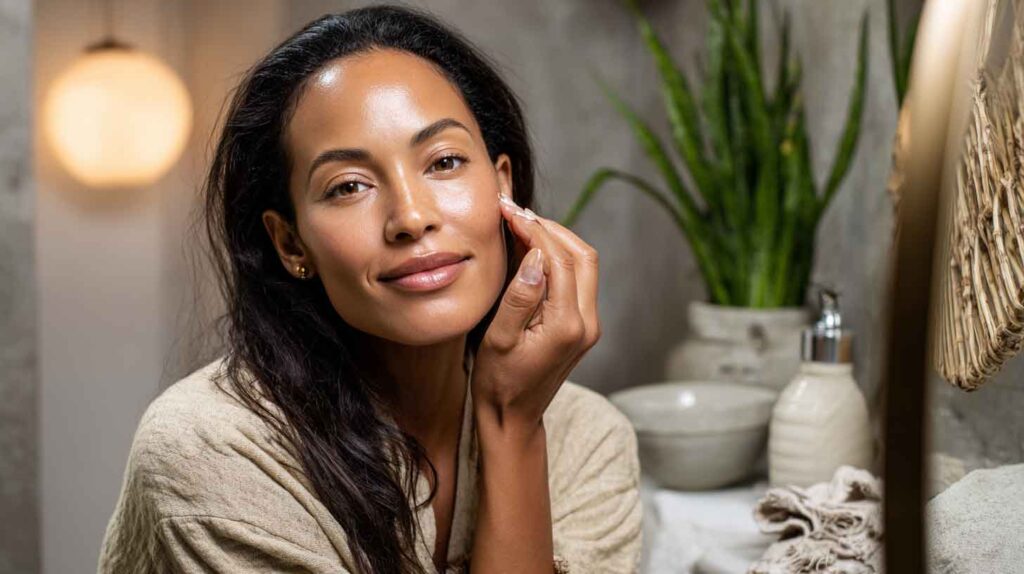 a peaceful woman applying skincare serum in a sof c37140a2 884a 4cad 894c 360cdc3c141e 0