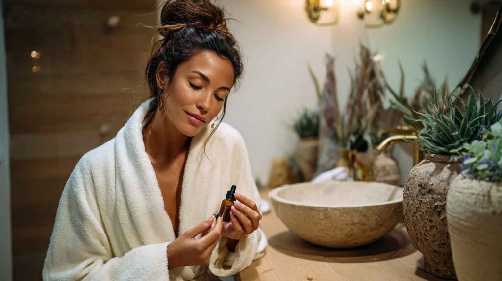 a peaceful woman applying skincare serum in a sof c37140a2 884a 4cad 894c 360cdc3c141e 2