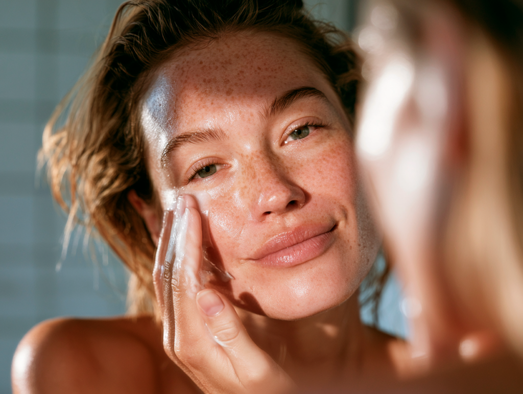 woman applying moisturizer to her face in front 77b266a1 0164 4b3e bb2c 73c720ef41ef 2